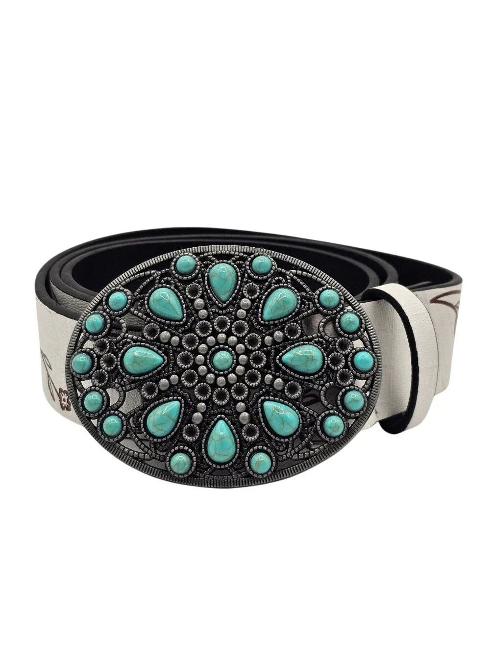 Women's Western White & Silver Tone Faux Turquoise Stone Belt